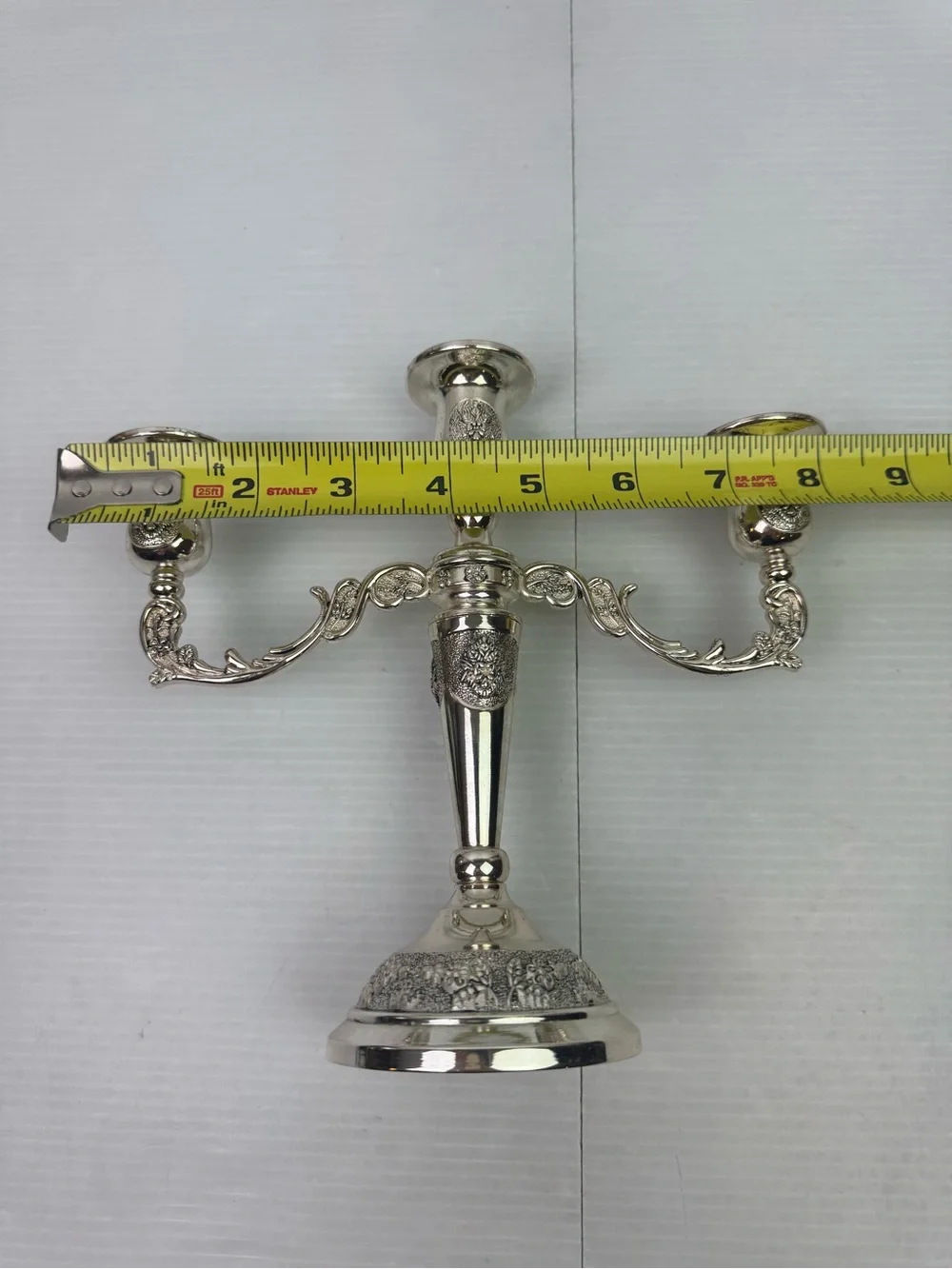Vintage 3-Light Candelabra Silver Tone Metal Floral Embossed 7.5” Tall Ornate Ca